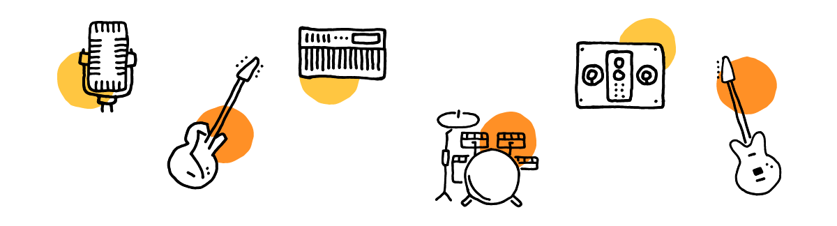 an image of illustrated instrument icons: Voice with a microphone, a Guitar, a drumset, a speaker, a bass, and a Keyboard